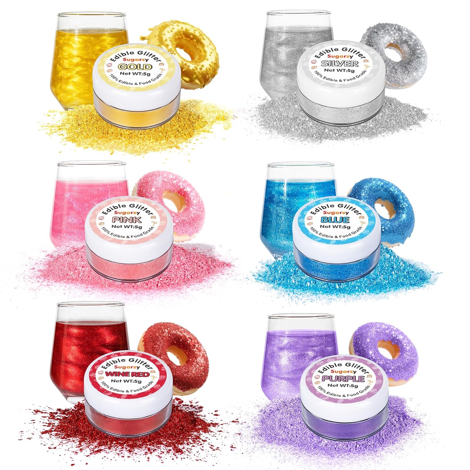 Detalle de Essbares Glitzer Set, 6 Farben – essbarer Schimmerstaub für Kuchen, Getränke und mehr