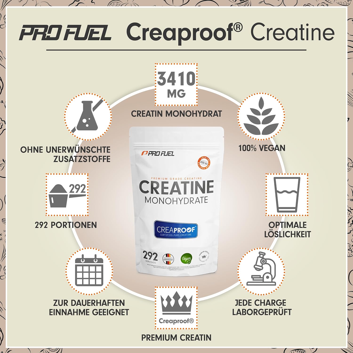 Thumbnail 1 de CREAPROOF® Creatin Monohydrat 1000 g – 3 g Creatin pro Portion, vegan, Laboranalysen pro Charge