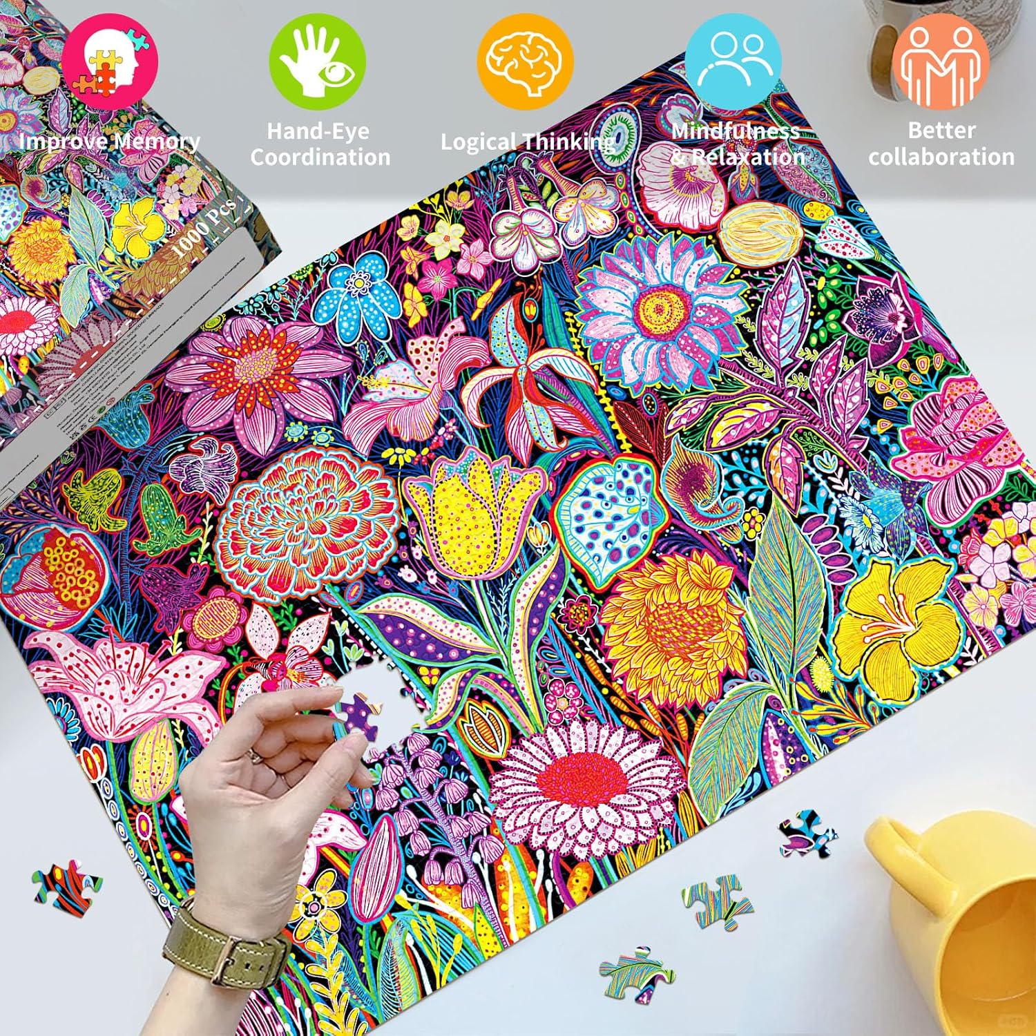 Detalle 2 de HUADADA 1000-Piece Jigsaw Puzzle for Adults – Flower Puzzle with 70x50 cm finish