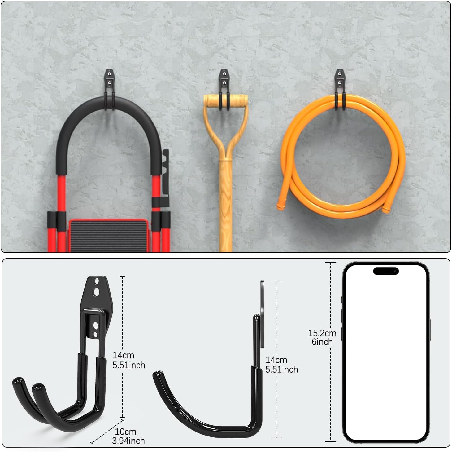 Detalle de 3-H J-M-10-S garagehaken, 10 dubbele stalen wandhaken met antislipcoating