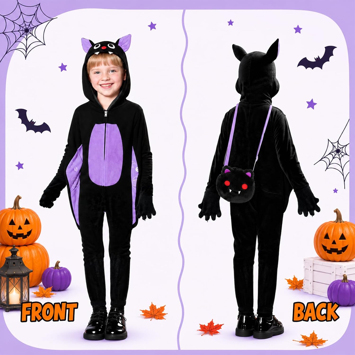 Detalle de Learn2M Kids Bat Costume, Purple Flannel Onesie with Wings and Matching Bag