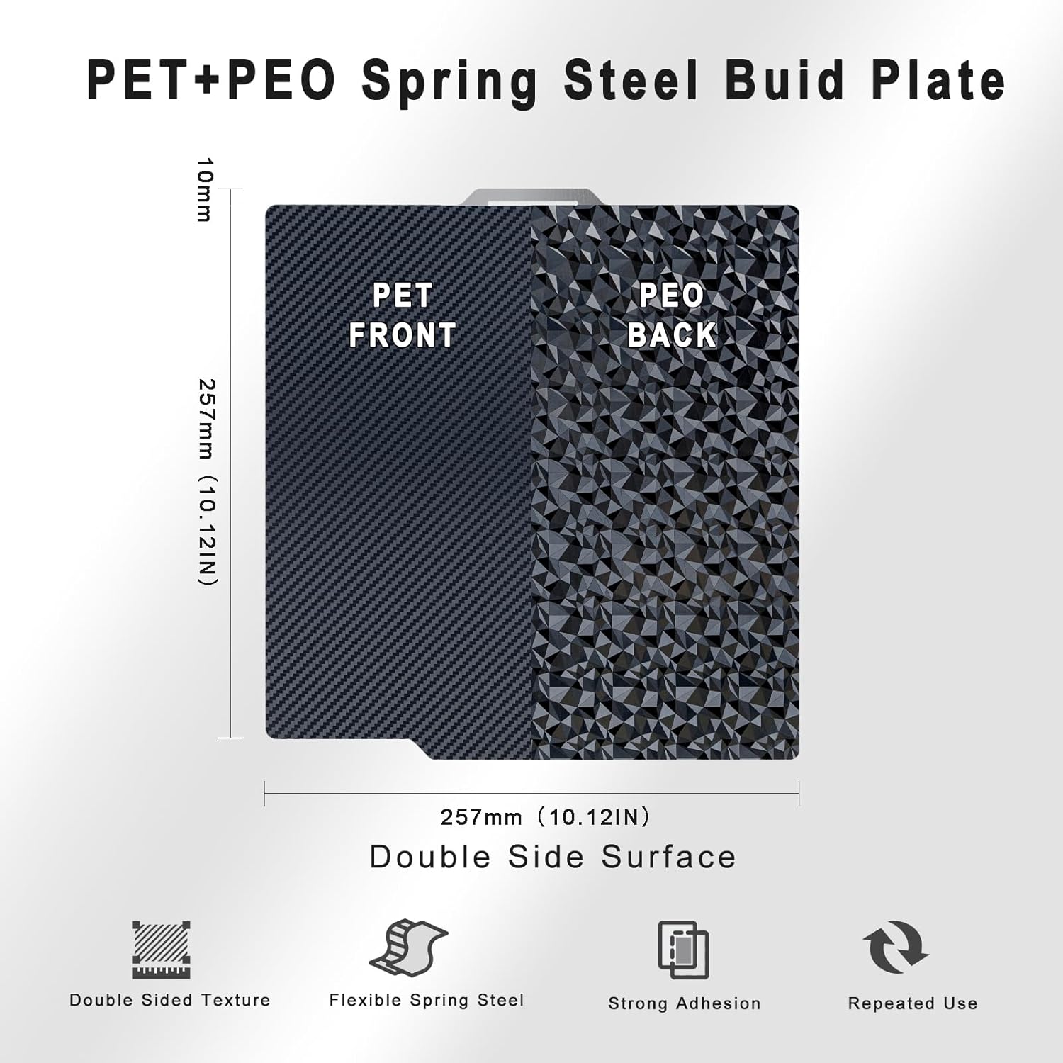 Detalle 2 de TIOPY PET(Carbon)+ PEO(Diamond) Bambulab Build Plate 257x257mm – Doppelseitige Federstahlplatte für Bambu Lab X2D/X1/X1C/X1E/P1P/P1S/P2S/A1