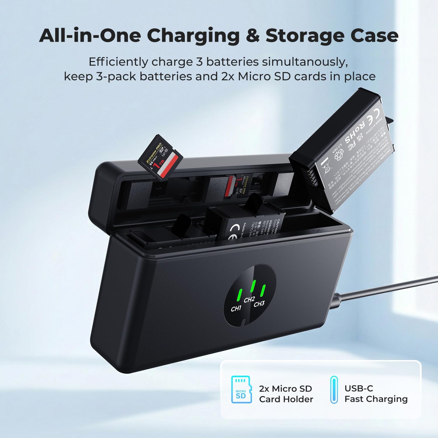 Thumbnail 4 de K&F CONCEPT Osmo Action 5 Pro Akku-Pack (3er-Set) mit 3-Fach-Ladegerät, 2100-mAh-Akkus – kompatibel zu DJI Osmo Action 6/5 Pro/4/3