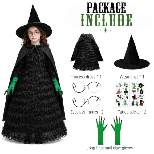Thumbnail 5 de Ainvliya Kids Witch Costume Set (140) – Black Fluffy Princess Dress with Hat, Glasses & Accessories