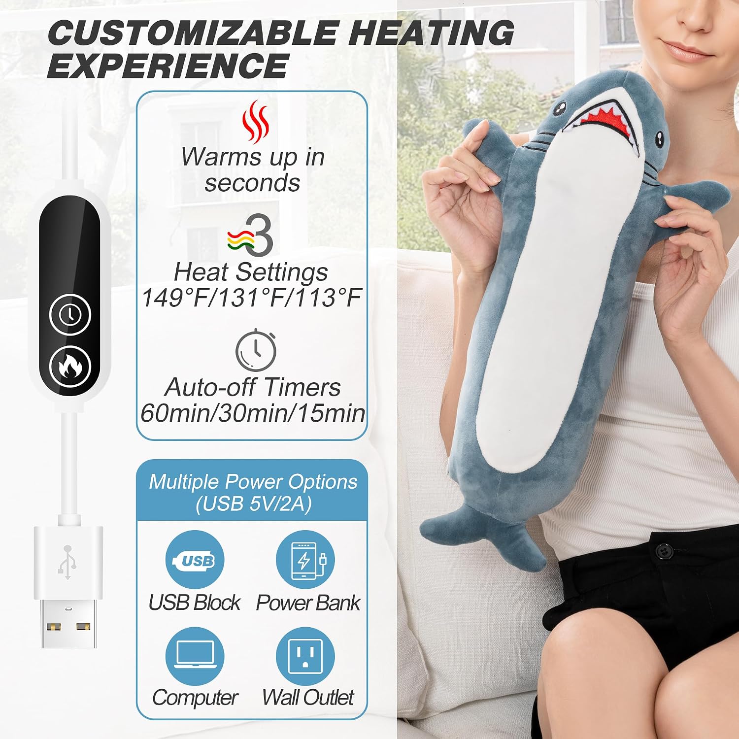 Detalle de HOTHUGZ X10 Shark Plush USB Heating Pad, 3 Heat Levels & Timer