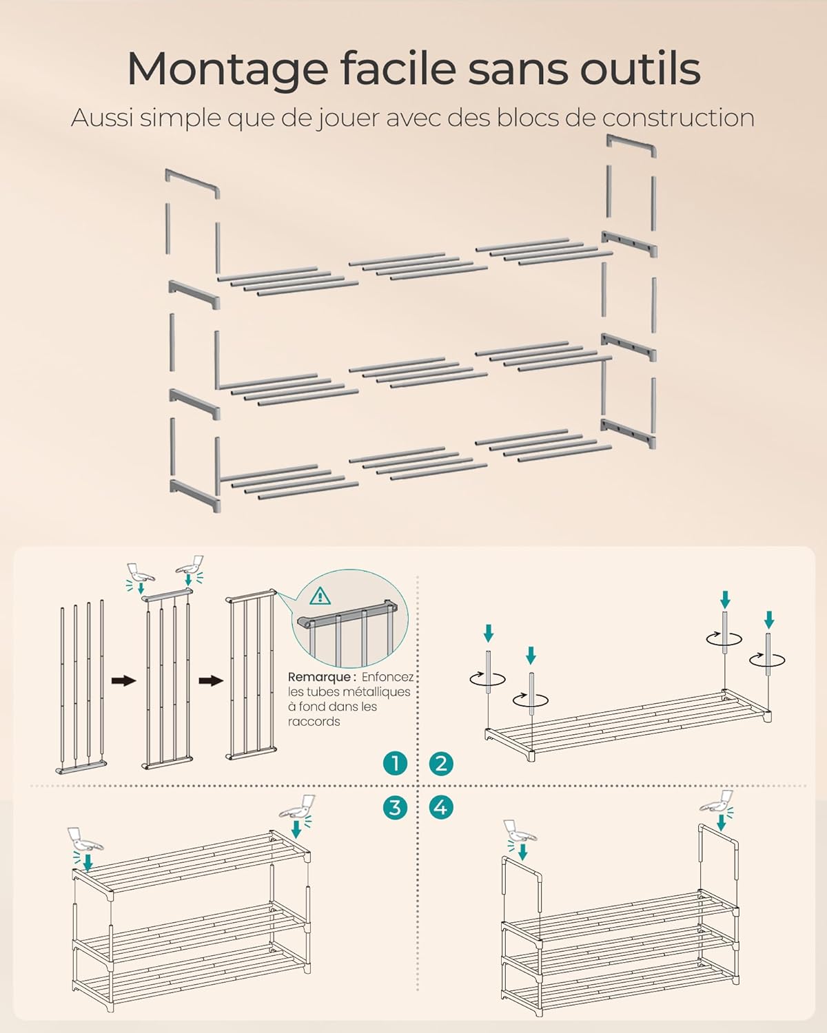 Detalle de SONGMICS LSA303G01 — étagère à chaussures 3 niveaux métallique, 16 à 20 paires, empilable, à l’endroit ou à l’envers