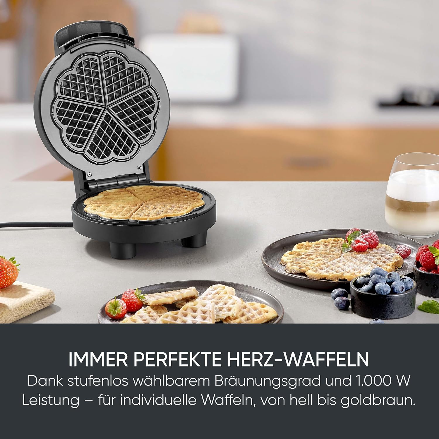Detalle de SEVERIN Waffeleisen Black Line WA 2117 – Herzwaffeln, PFAS-frei, 1000 W