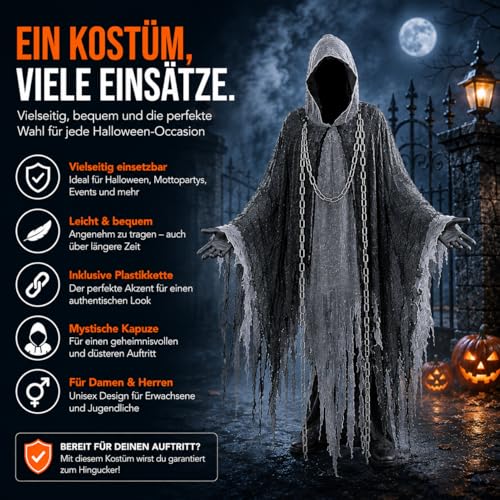 Detalle 2 de TK Gruppe Timo Klingler Sensenmann-Kostüm für Erwachsene, Umhang und Kette