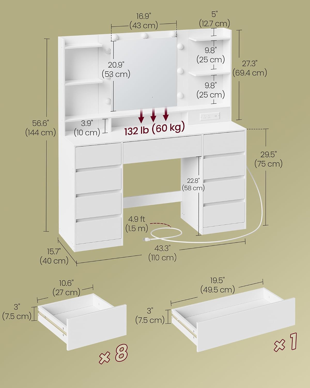 Thumbnail 6 de VASAGLE URDT141WB01S Vanity Desk with Mirror, Lights and 9 Drawers