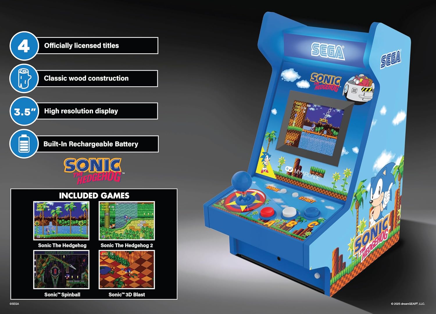 Detalle de My Arcade ソニック・ザ・ヘッジホッグ マイティプレイヤー 卓上型ゲーム機、3.5インチ縦型画面・充電式