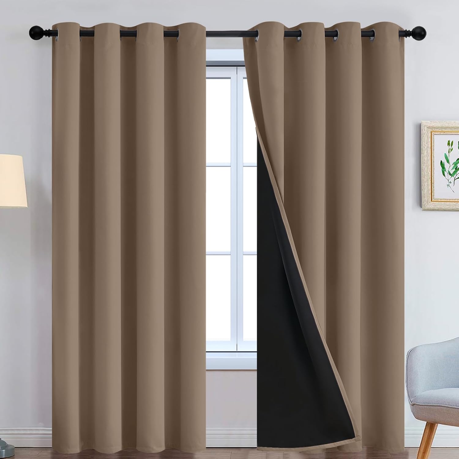 Detalle de Yakamok Khaki Blackout Curtains, 96-Inch, 2-Layer Panels with Grommet Top
