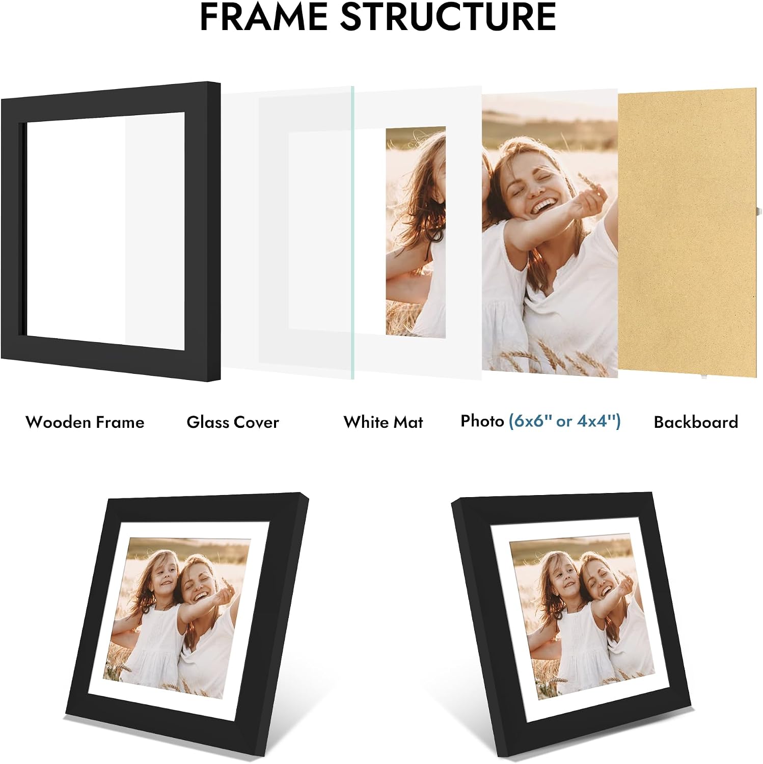 Detalle de Hongkee 6x6 Picture Frame with Glass (Black) — Wood Frame for 6x6 Photos or 4x4 with Mat, Wall & Tabletop, 1 Pack