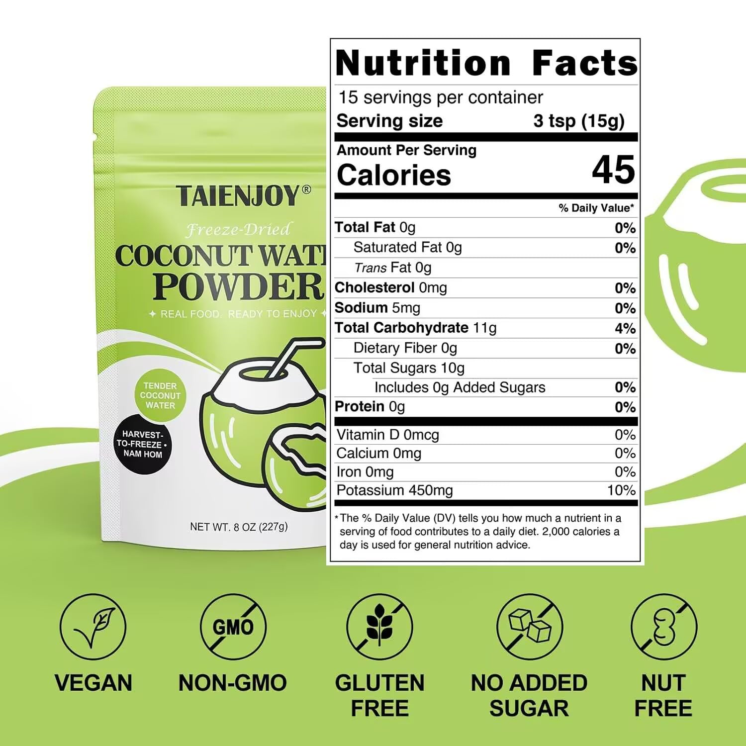 Thumbnail 1 de TAIENJOY Freeze-Dried Coconut Water Powder, 8 oz, Thai Nam Hom