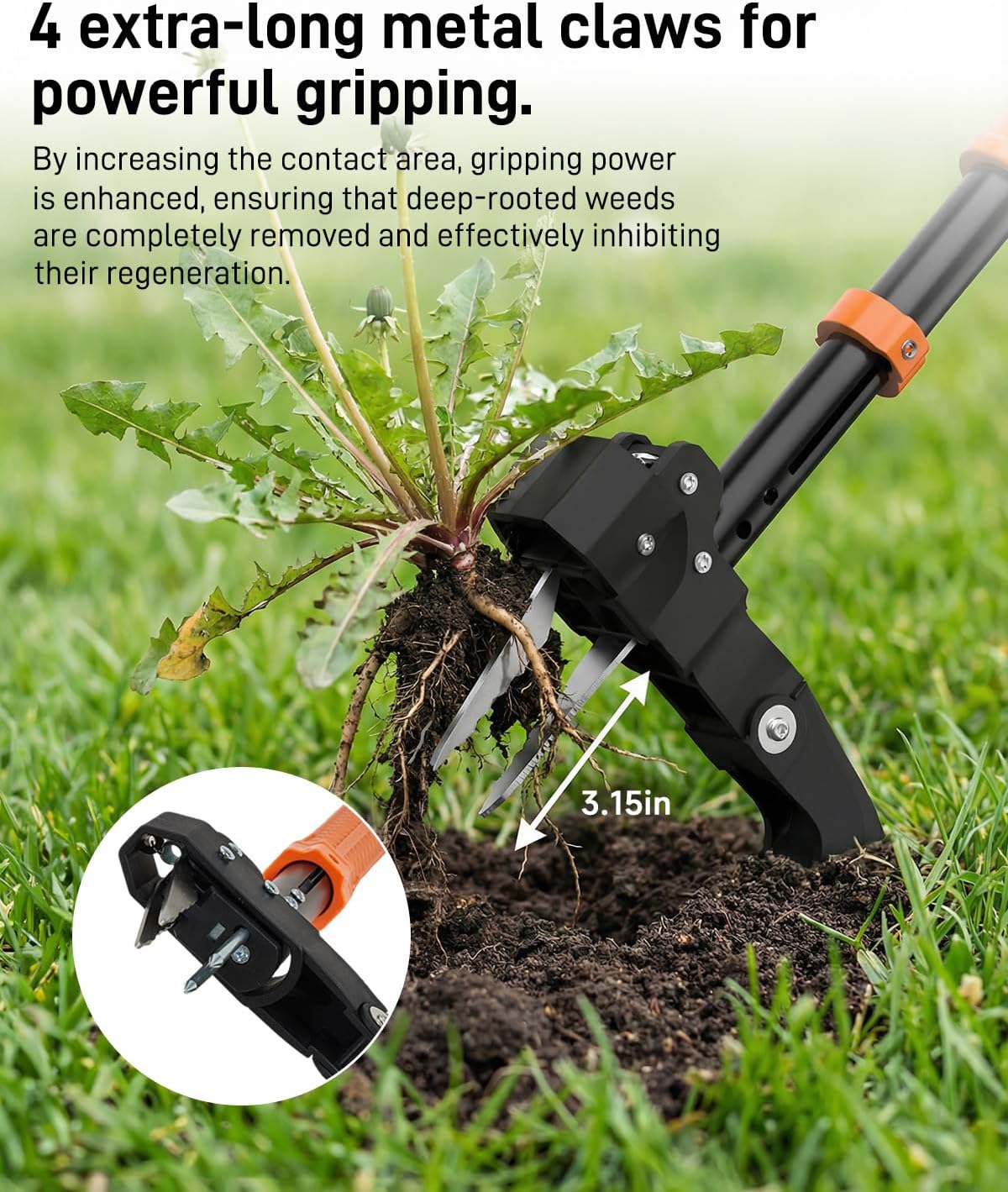 Detalle de FAUETI Weed Puller: Adjustable Stand-Up Weeding Tool with Ejector, 4-Claw Root Remover and 50L Leaf Bag