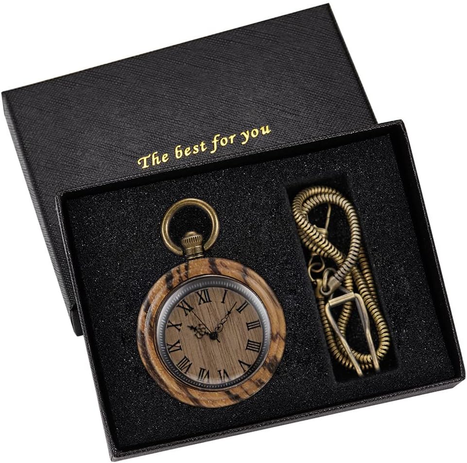 Detalle 2 de Tiong Men's Vintage Bamboo Wood Pocket Watch with Chain – Handmade Retro Quartz