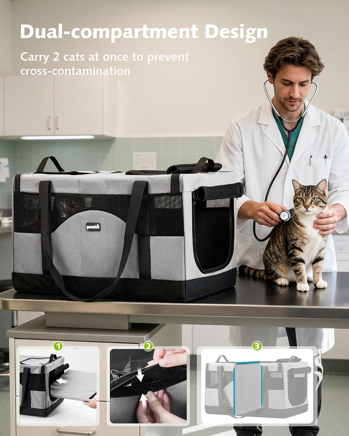 Detalle de Pecute sac de transport pliable pour 2 chats avec cadre ultra stable (gris)