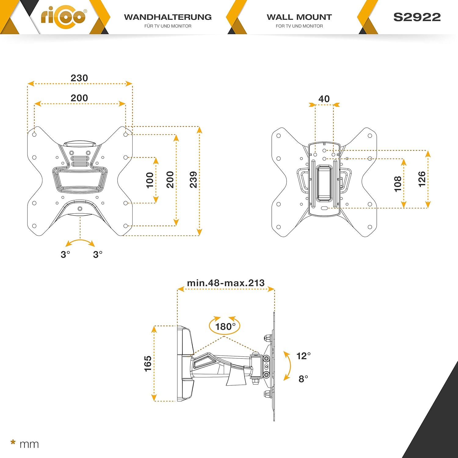 Thumbnail 6 de RICOO S2922: Supporto TV a parete girevole/inclinabile per Schermi 27–55" (69–140 cm) con VESA 75×75–200×200