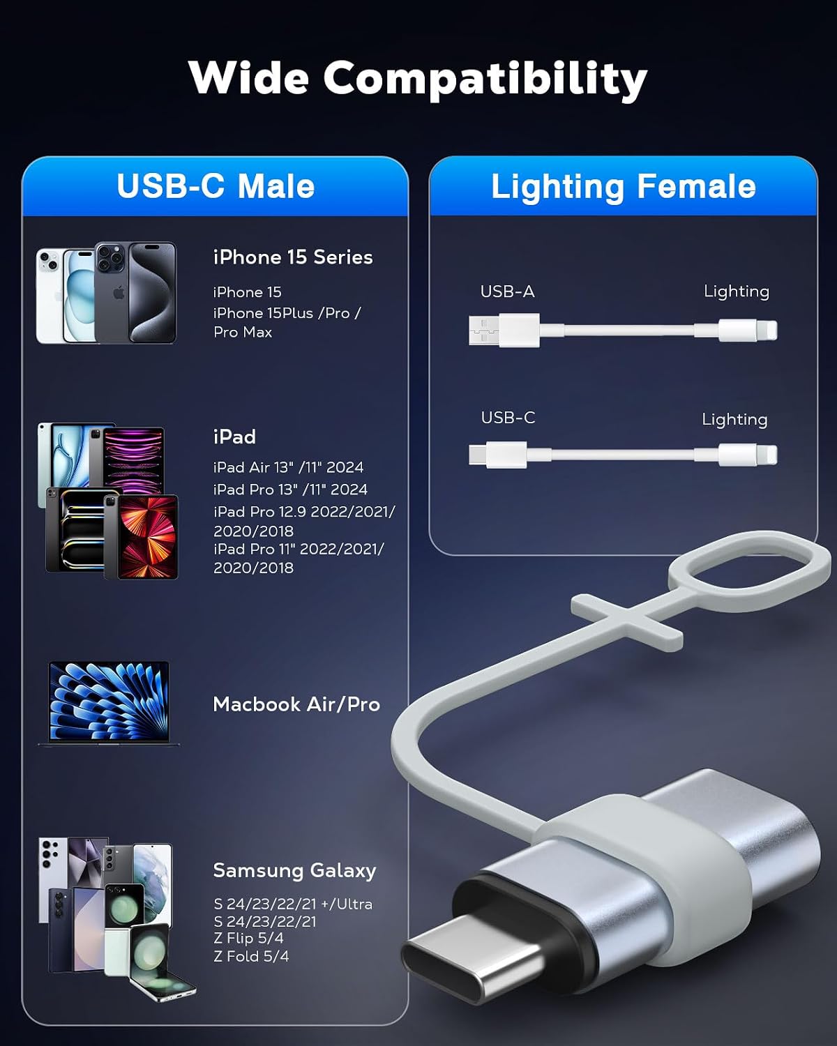 Detalle 2 de MoKo 4 Pack Lightning to USB-C Adapter (Lightning Female to USB-C Male) – 4 x Gray anti-lost loops, data sync & charging