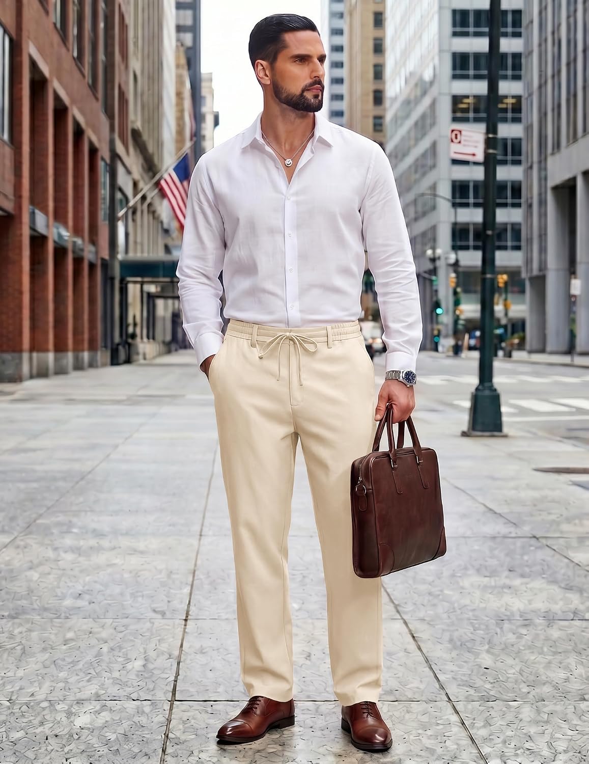 Detalle 2 de COOFANDY Mens Cotton Linen Pants – Lightweight Summer Drawstring Trousers
