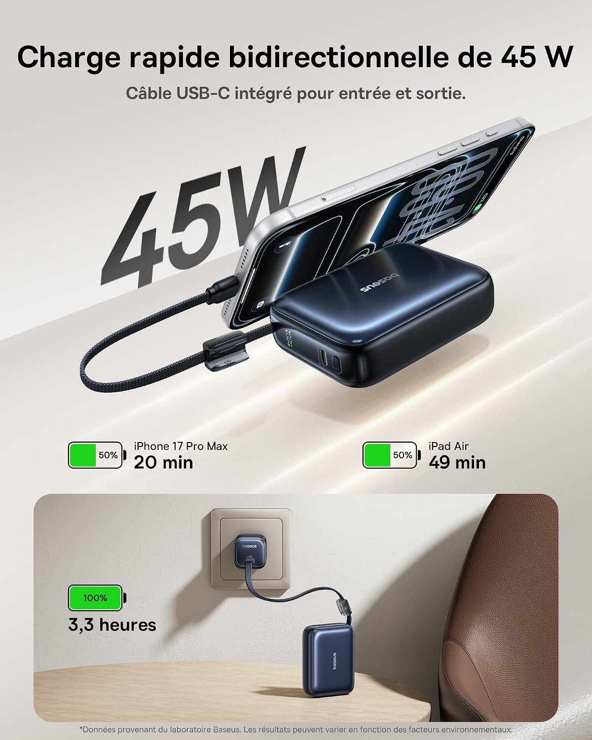 Thumbnail 1 de Baseus AC22 Mini Powerbank 20000mAh — 45W PD, USB-C intégré et affichage