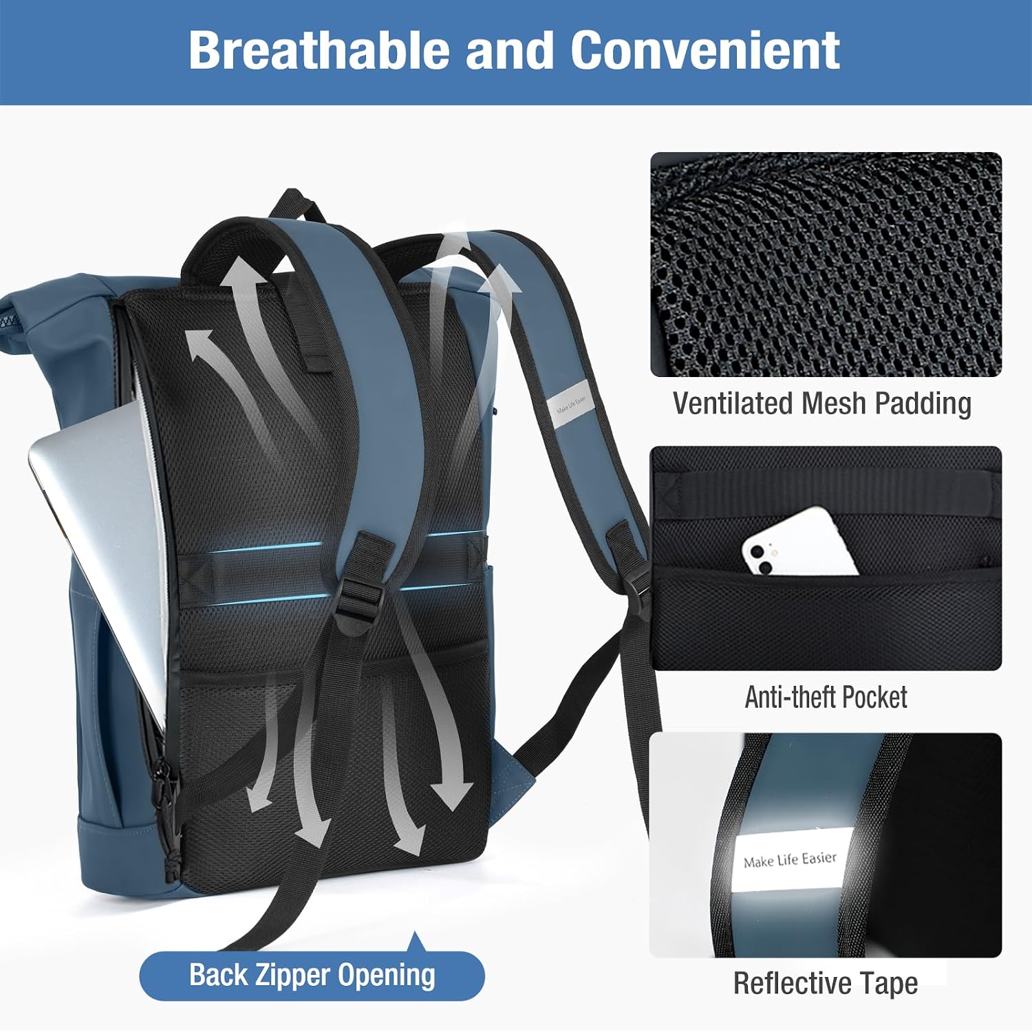Thumbnail 4 de Lekeinchi Waterproof Laptop Backpack for Men and Women – Blue (Roll Top, 24–30L)
