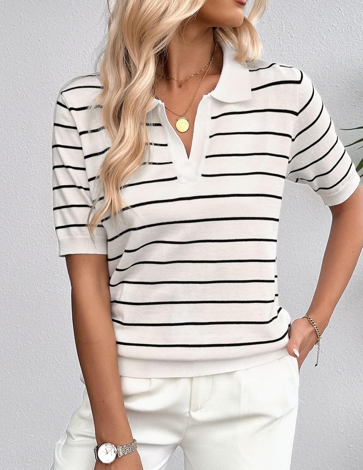 Thumbnail 2 de Kate Kasin Women’s Short Sleeve Polo Sweater (V-Neck Knitted Top)