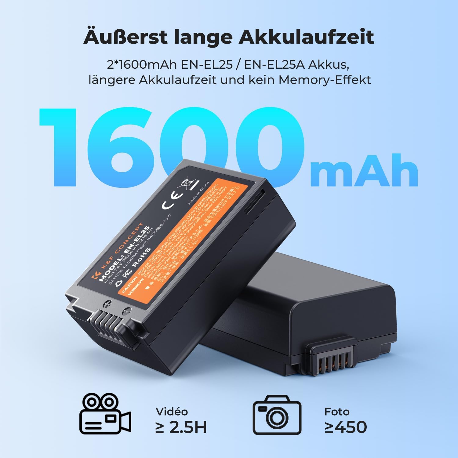 Detalle de K&F CONCEPT EN-EL25 2er-Ersatzakku-Set inkl. Dual-Slot-Ladegerät mit LCD für Nikon Z30, Z50, ZFC & Z50ii