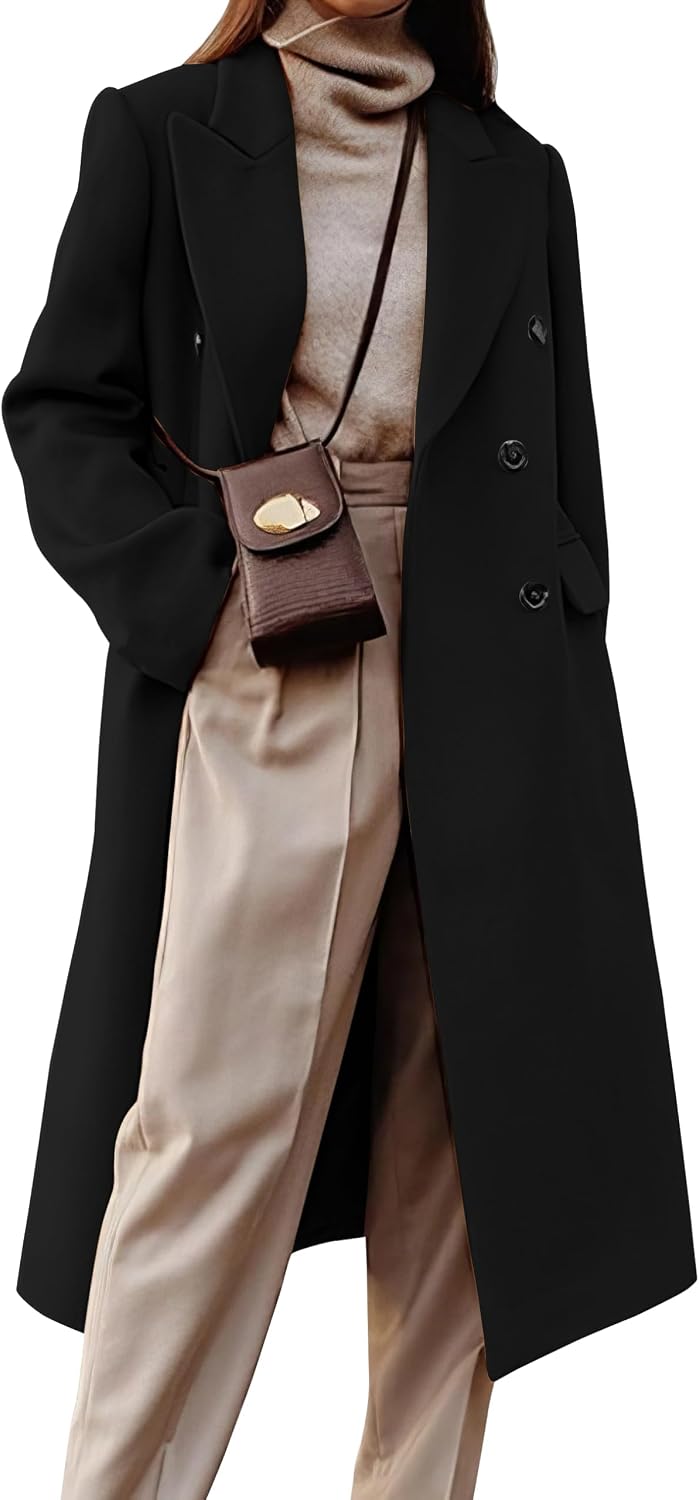 Detalle de IDEALSANXUN Women's Long Wool-Blend Coat, Double-Breasted Below-Knee Peacoat