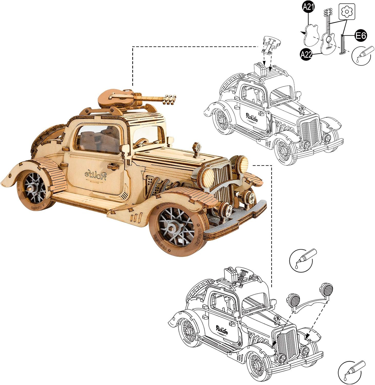 Thumbnail 4 de Rolife Vintage Auto 3D-Holzpuzzle Modellbausatz
