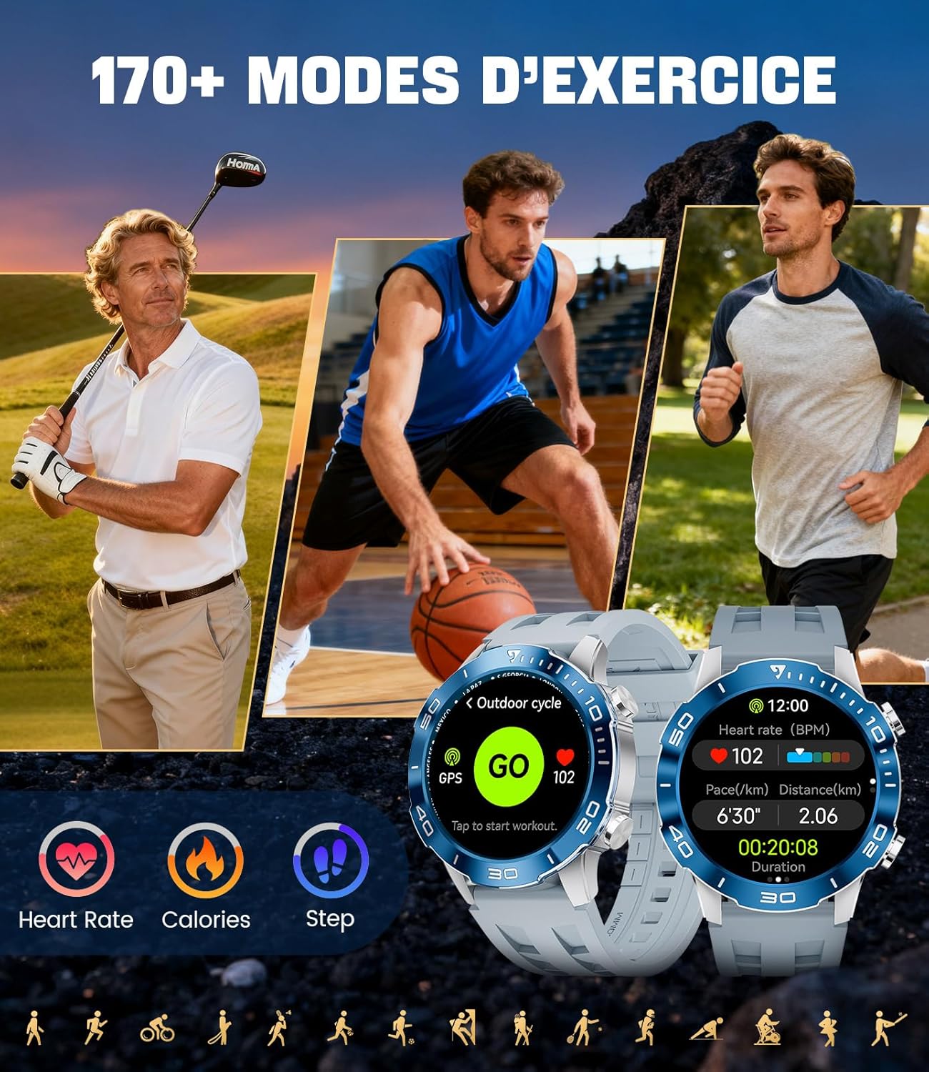 Detalle de Montre Connectée Homme Militaire : Batterie longue durée, écran AMOLED 1,43" et 170+ modes sportifs