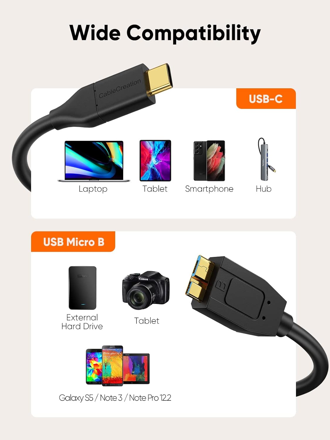 Detalle de CableCreation USB C to Micro B Short Cable 1FT: 10Gbps USB 3.1 for External Drives and More