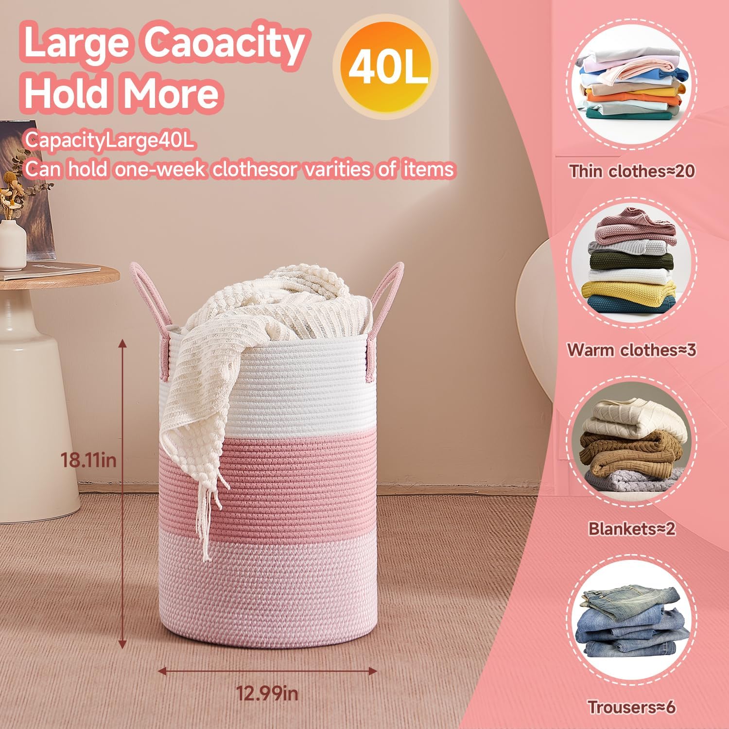 Thumbnail 3 de CLHMILY&Z 100L Round Cotton Rope Laundry Basket