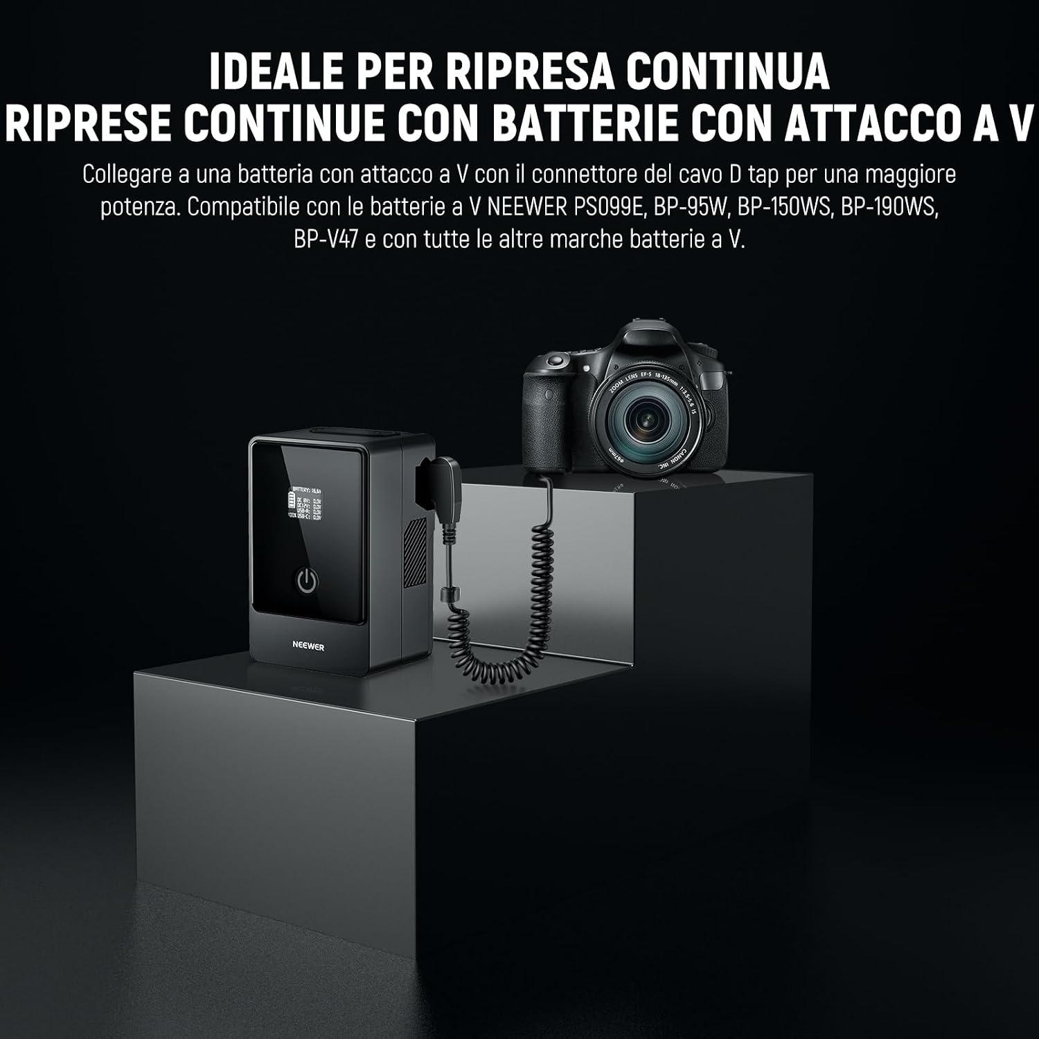 Detalle 2 de NEEWER Batteria fittizia LP-E6NH con D-Tap e cavo per batterie V Mount, per Canon EOS R5 C, R6, R7 e serie 5D/6D/7D