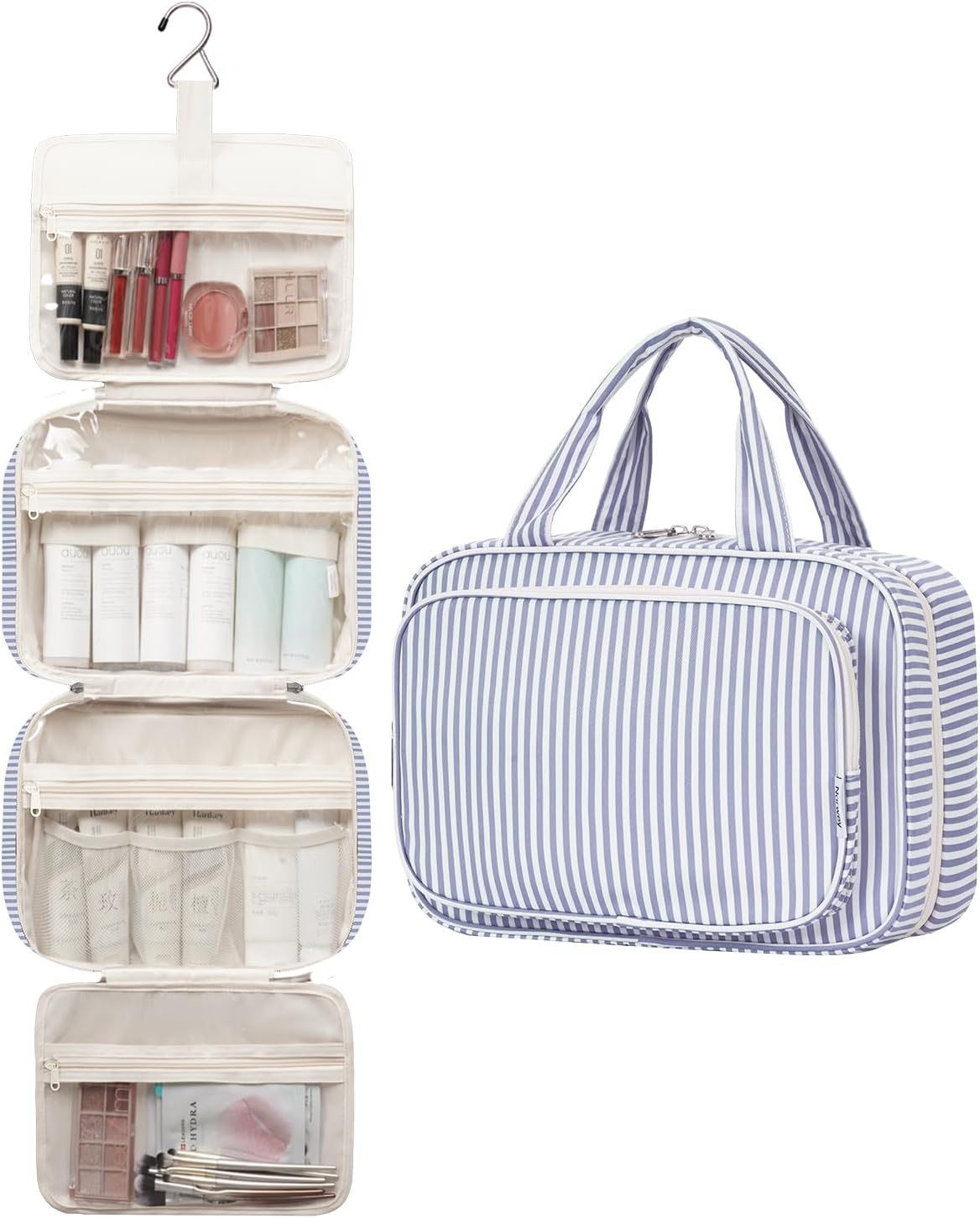 Detalle de Narwey Large Hanging Travel Toiletry Bag for Women – Greyish Blue Stripe (Large)
