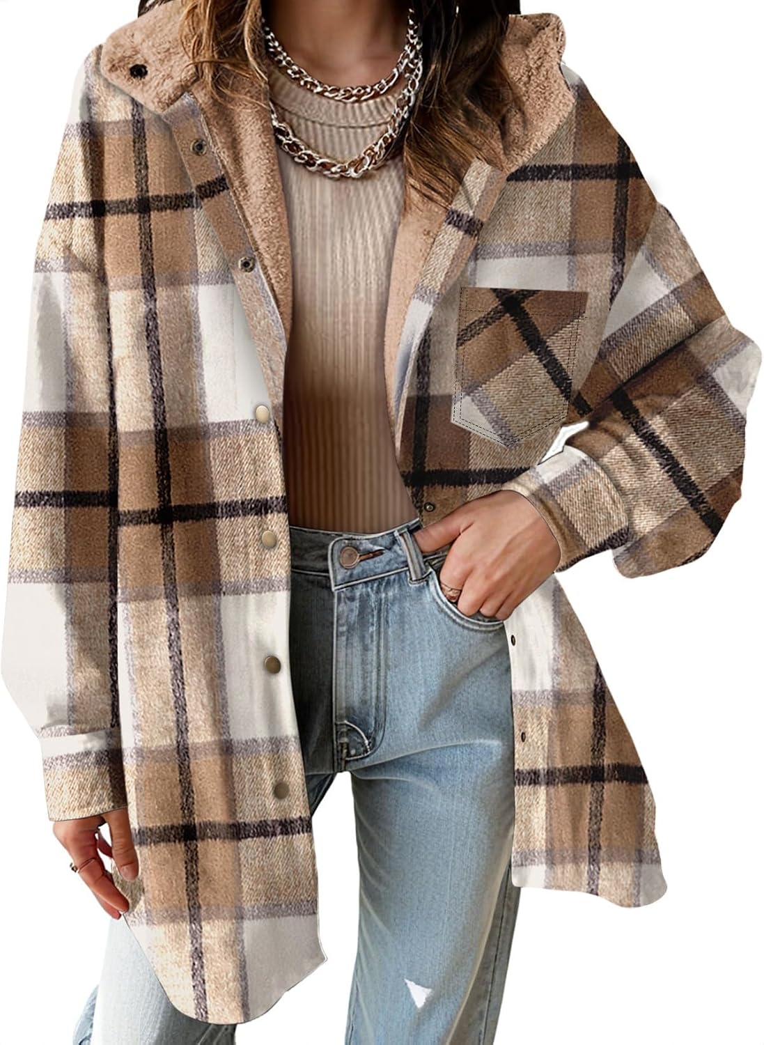 Detalle de Dokotoo 2025 Flannel Hooded Plaid Shacket — Jacket