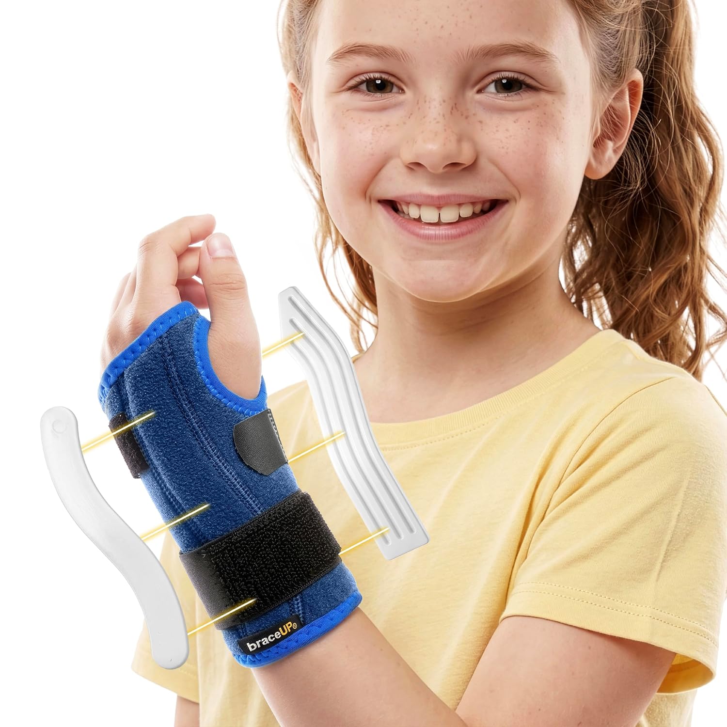 Detalle de BraceUP B408 Kids Wrist Brace for Left Hand, Dual Splints, Blue