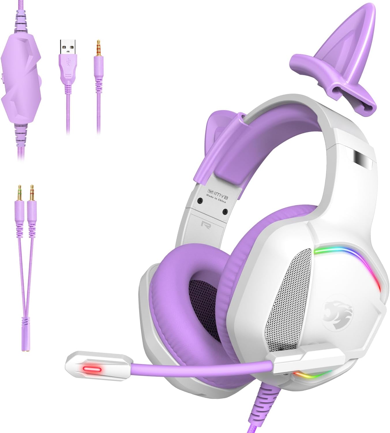 Detalle de IMYB Katzenohr-Gaming-Headset – abnehmbare Ohren, RGB, Stereo Surround & Stimmqualität, kompatibel mit PC/Mac, PS4/PS5, Xbox Series X/S