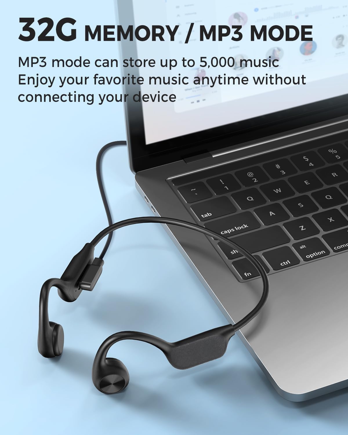 Detalle de CQWEIC Bone Conduction Headphones: Open-Ear Safety, IPX8 Waterproof, with Built-in MP3 and 32GB