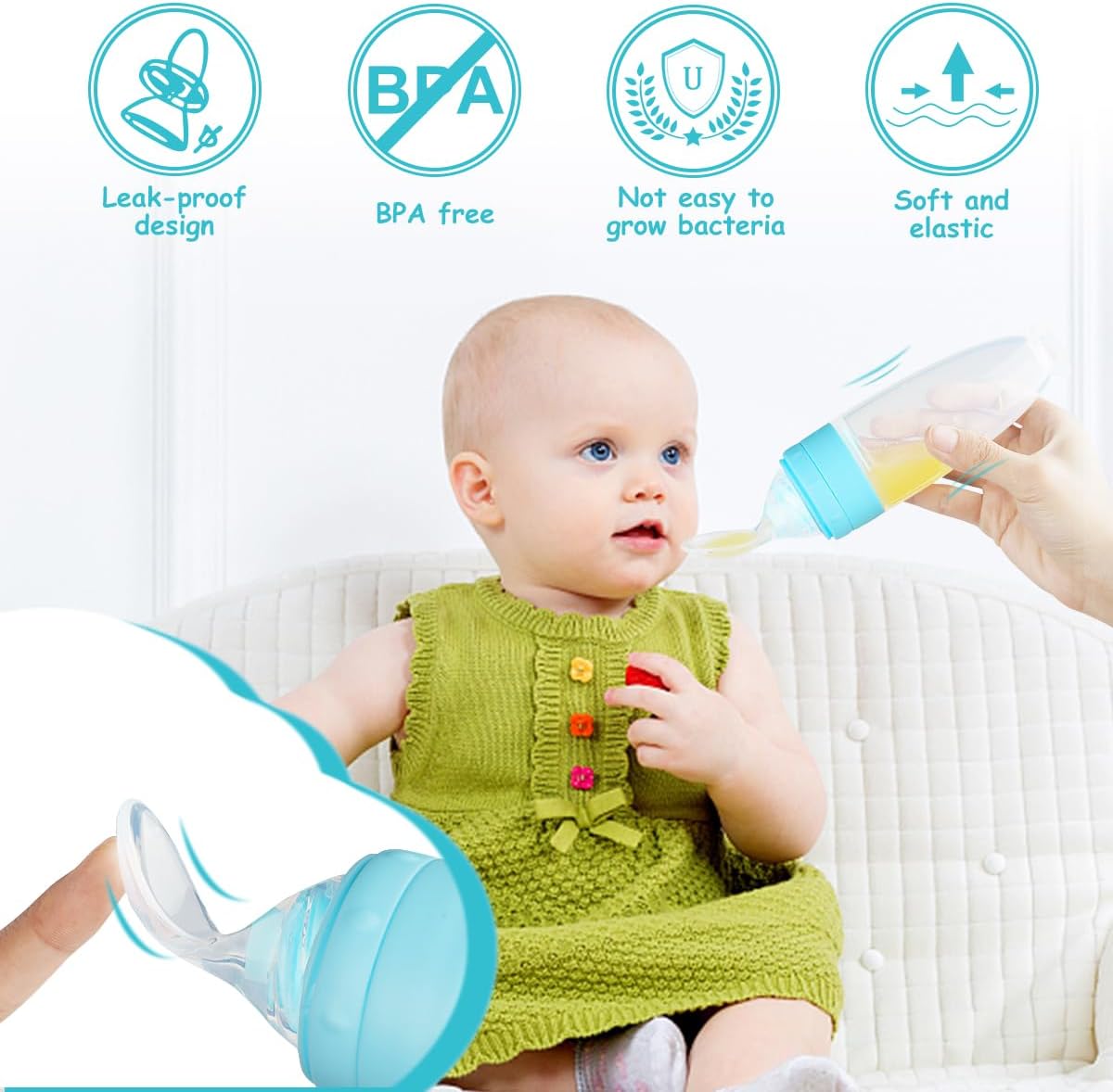 Detalle de Aolso Set alimentatore per alimenti in silicone: cucchiaio, biberon e tutto il necessario per un alimentazione sicura