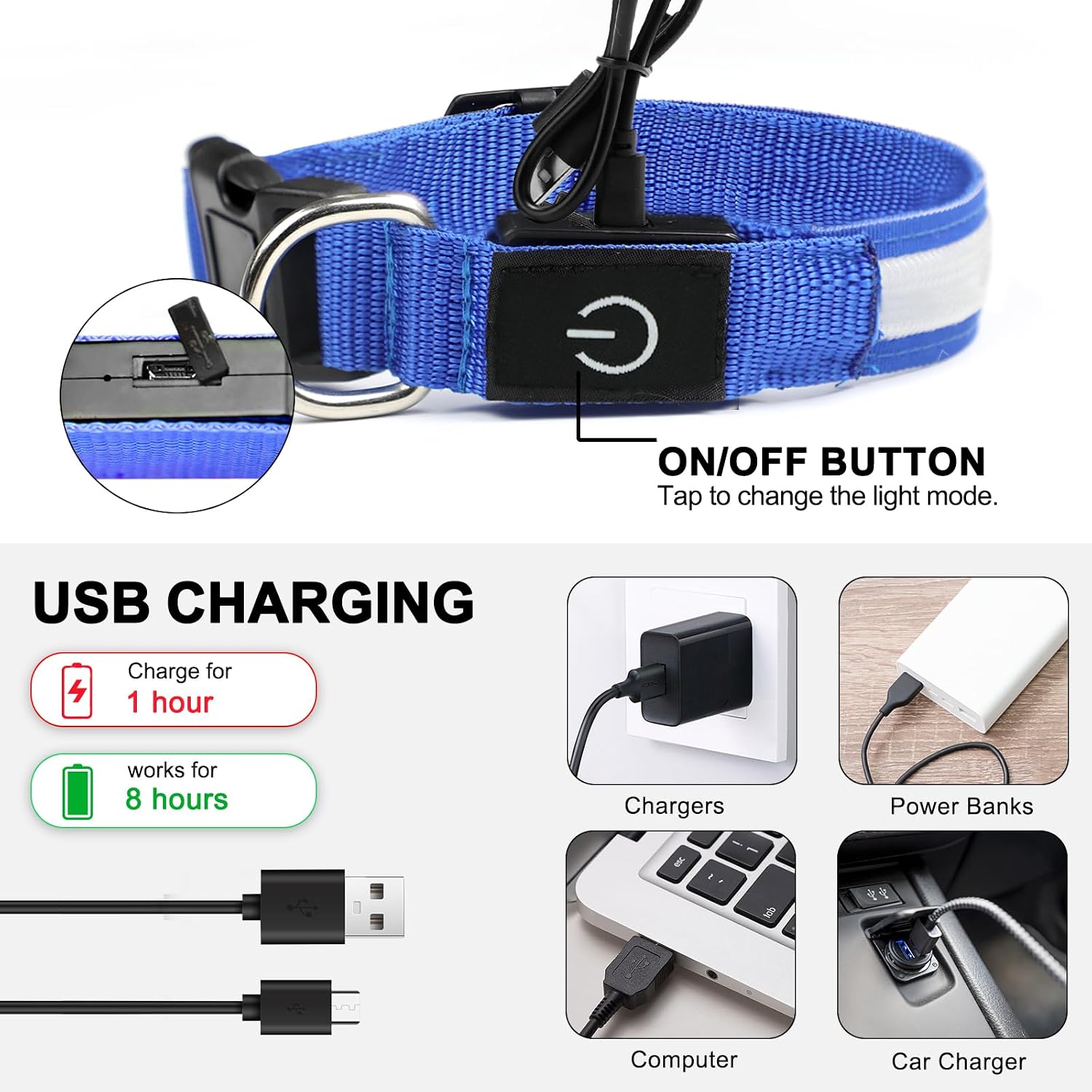 Detalle de Nepfaivy Light Up Dog Collar (Blue-L) with USB Rechargeable LED Lights and 3 Glow Modes