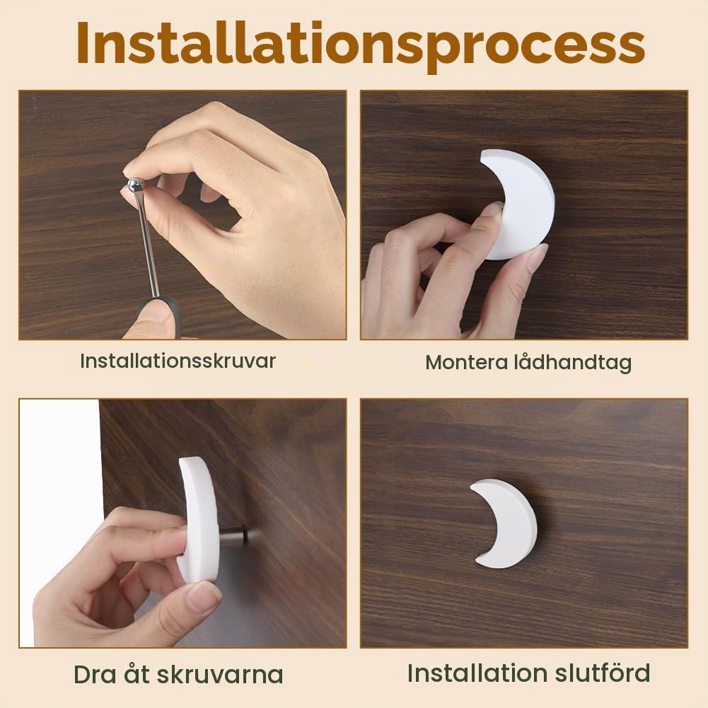 Detalle de Aolso mjuka skåpknoppar i gummi, vita med stjärnor, måne och moln, 9-pack