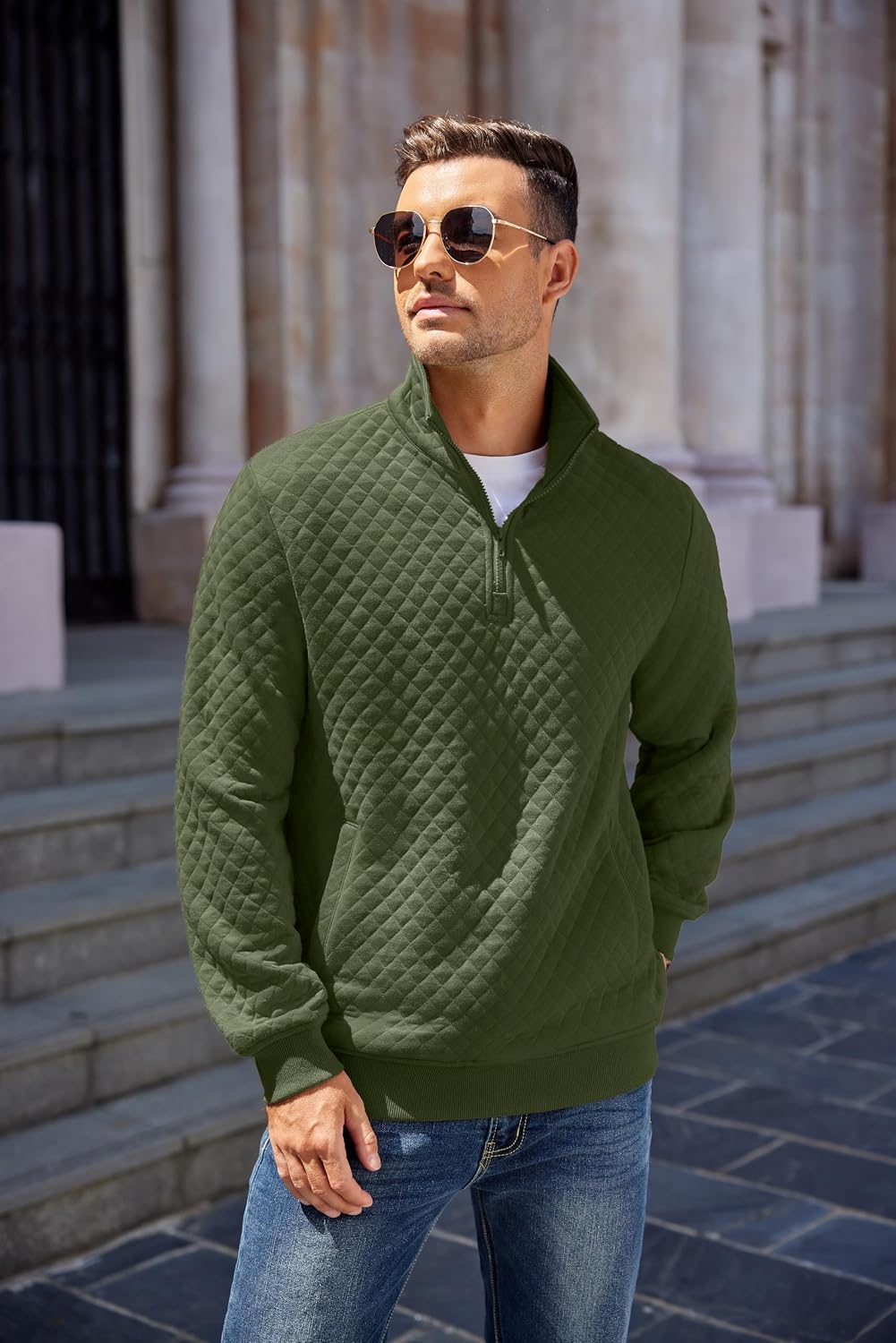 Detalle 2 de COOFANDY Men's Quilted Quarter-Zip Pullover with Mock Neck and Pocket