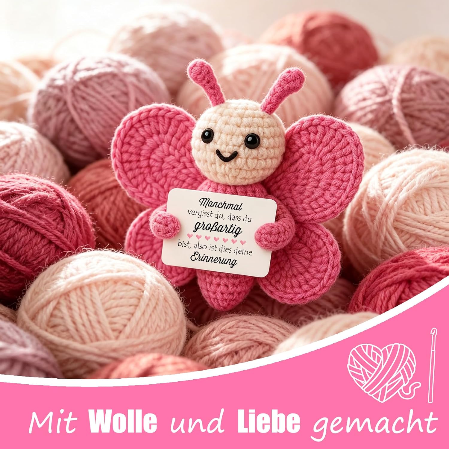 Detalle de Tixlux Pocket Hug Positive Schmetterling – Strickfigur mit Umarmung-Glücksbringer (Einschulung, Gute Besserung)
