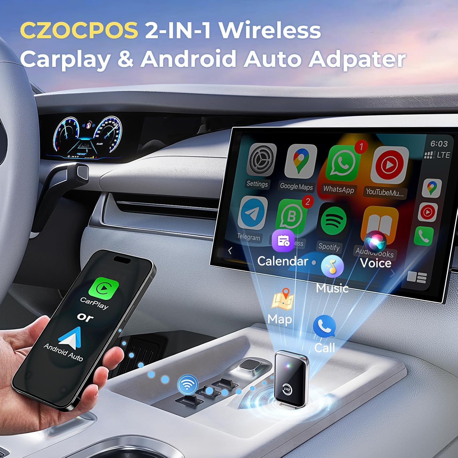 Thumbnail 2 de Wireless CarPlay Adapter for iPhone (and Android Auto) — Convert Wired CarPlay to Wireless, Plug and Play Mini Dongle (Silver)