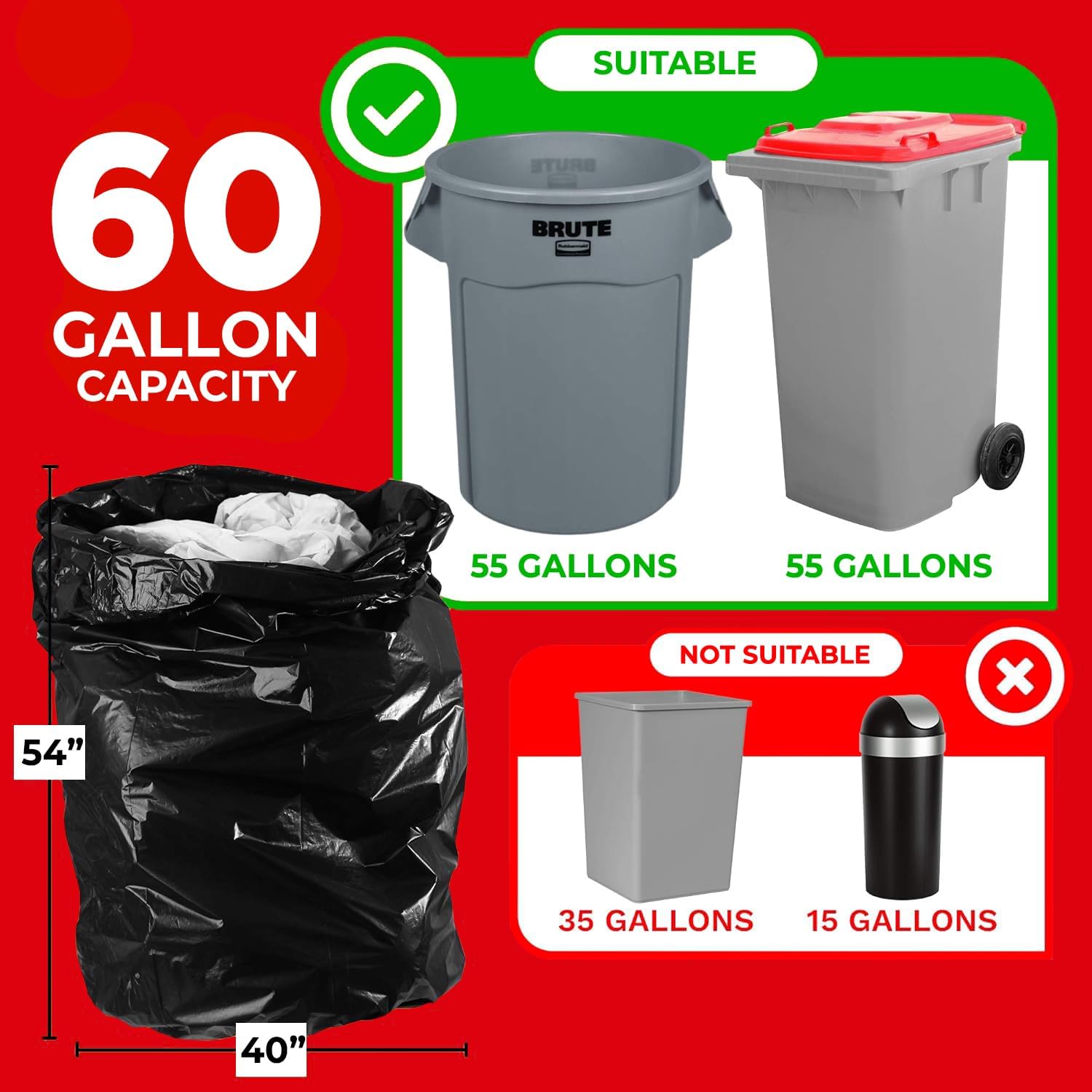 Detalle 2 de ToughBag 55-60 Gallon Heavy Duty Trash Bags, 150 Count (Black) - Made in USA
