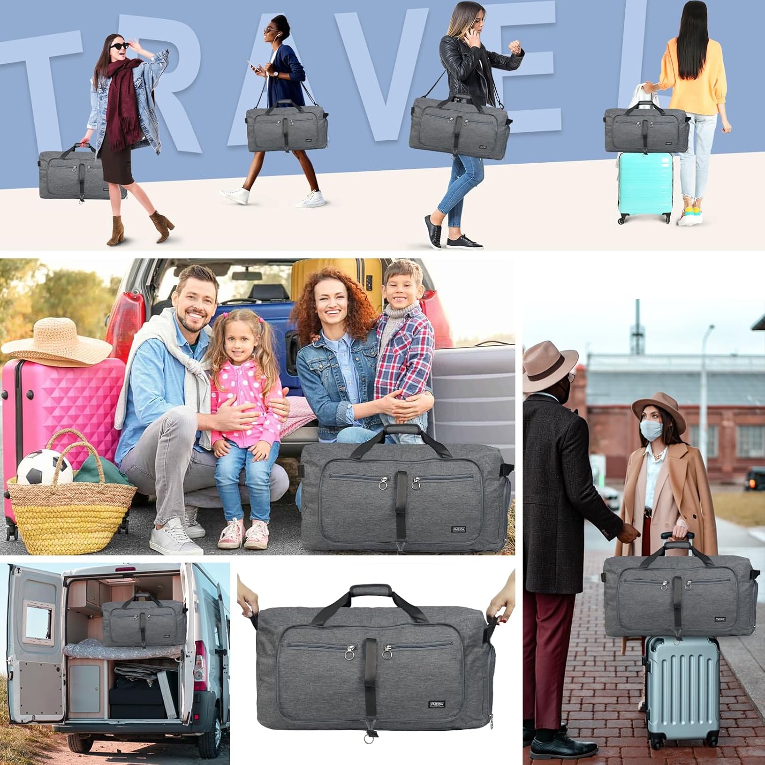 Thumbnail 1 de Fmeida Sporttasche / Reisetasche (faltbar) mit Schuhfach – kleine Weekender-Bag bis ca. 65 l, hellgrau
