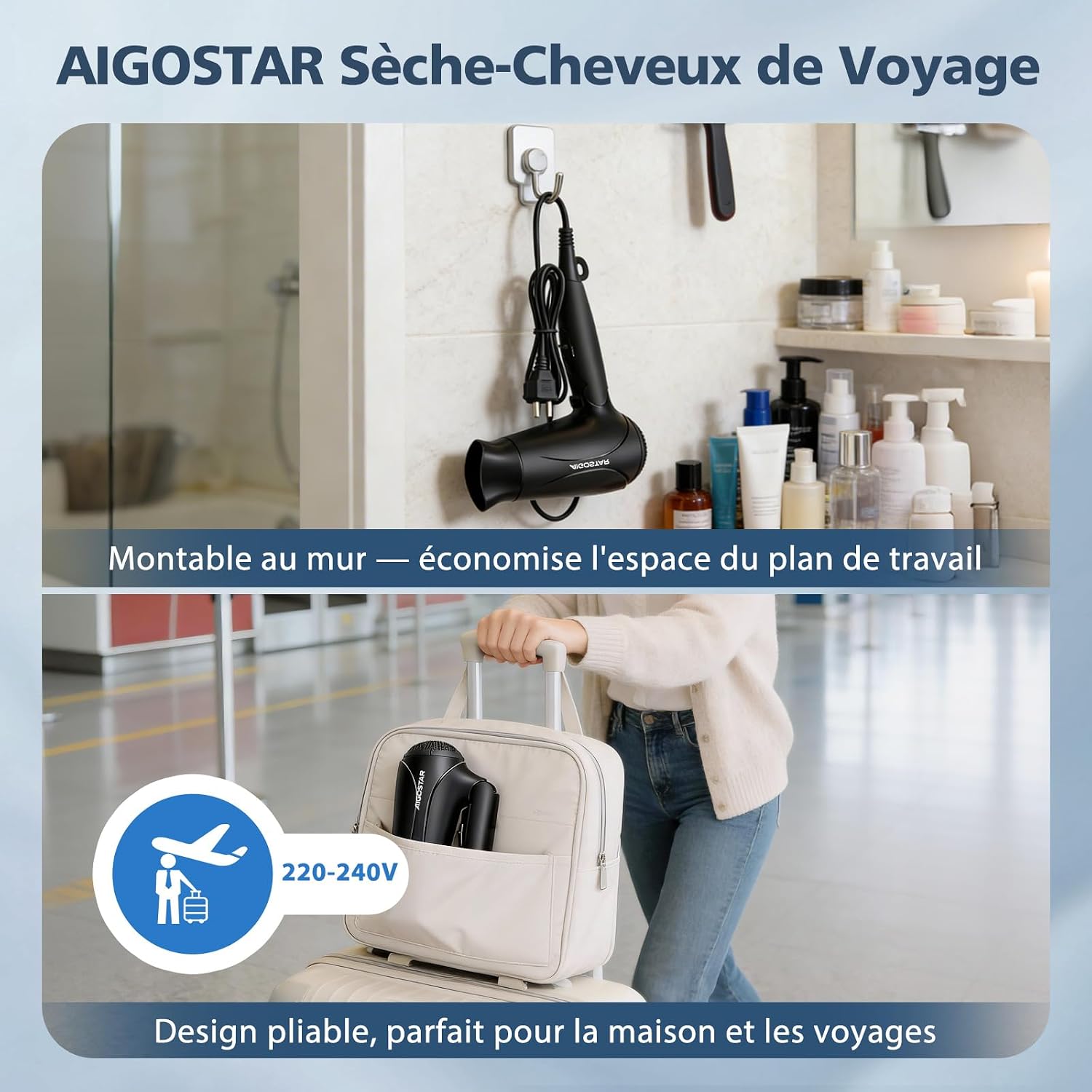 Detalle de Aigostar Sèche-cheveux ionique 2400 W à manche pliable (3 températures)