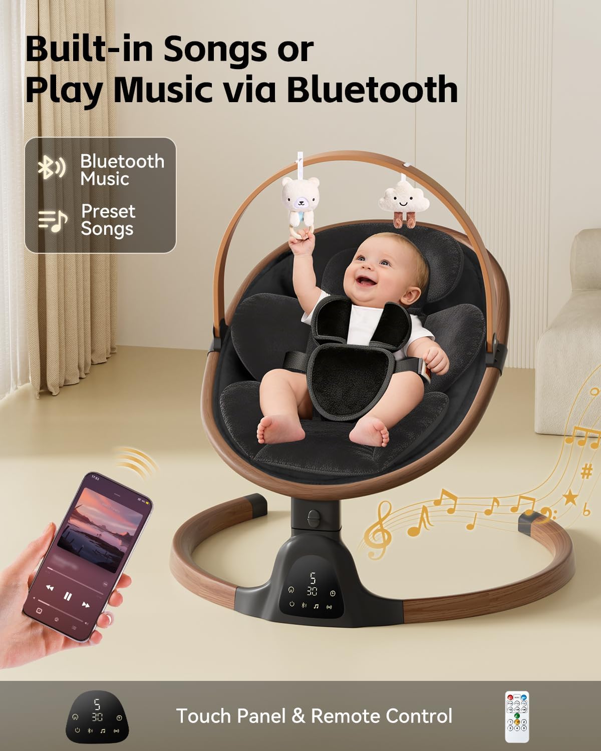 Detalle de Wnttmt Electric Baby Swing with 5 Speeds, 5-Point Harness & Bluetooth