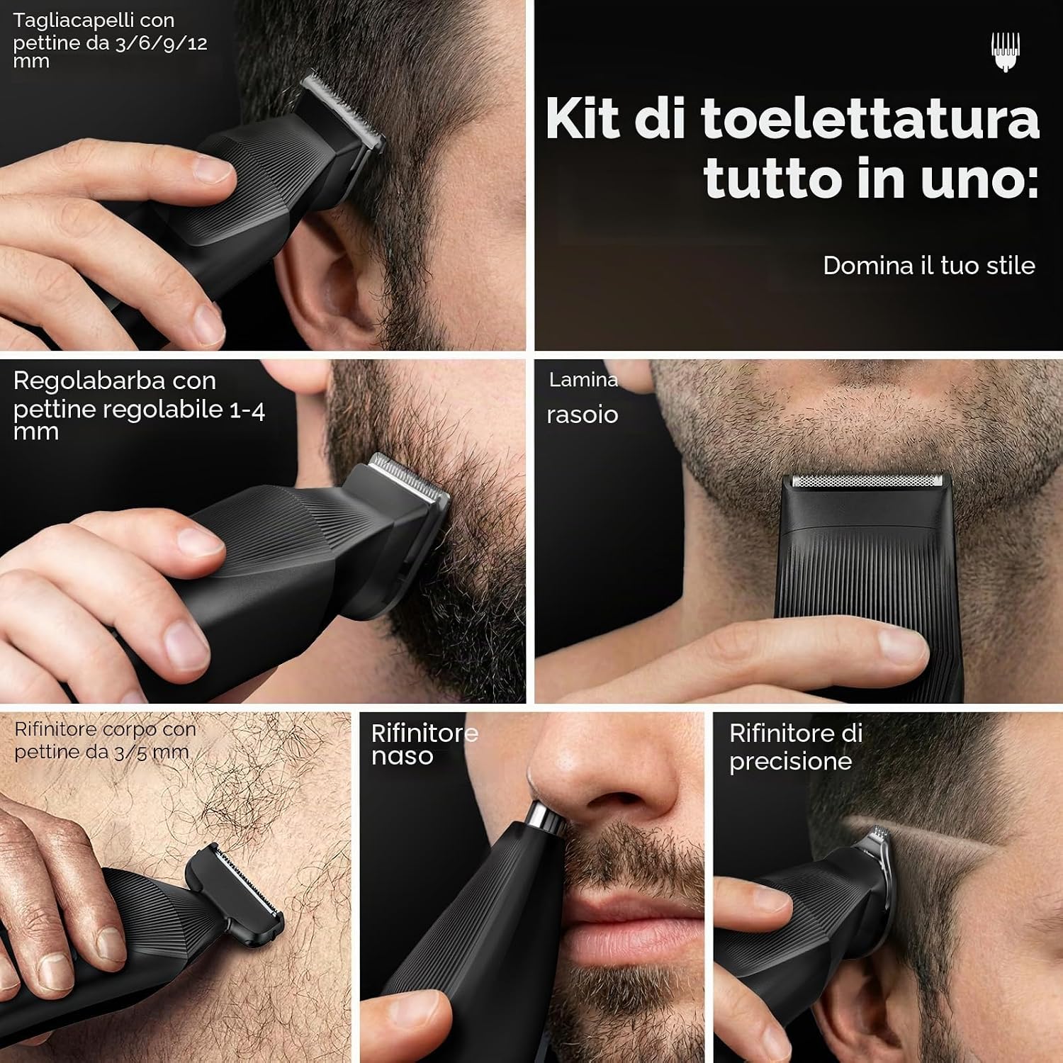 Detalle 2 de Yineel Regolabarba Rasoio Elettrico 6-in-1: kit professionale per taglio capelli, barba e corpo