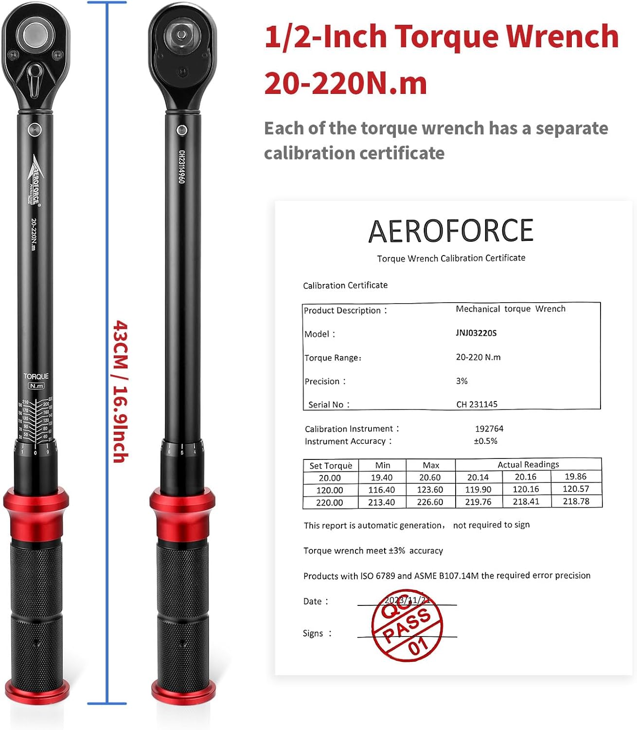 Thumbnail 1 de Clé dynamométrique AEROFORCE Professional Tools 1/2 pouce 20–220 Nm à cliquet 72 dents réversible, étalonnée avec certificat